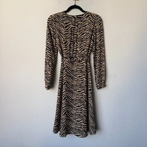 Banana Republic Tan Black Tiger Print Long Sleeve Dress Size 0 - Picture 3 of 4